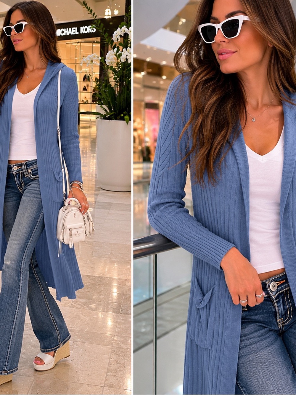 Cyrus Long Ribbed Hooded Cardigan in Dusty Blue